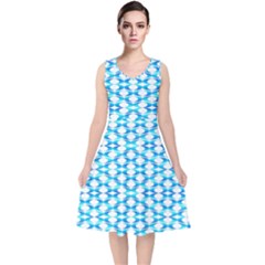 Fabric Geometric Aqua Crescents V-Neck Midi Sleeveless Dress 