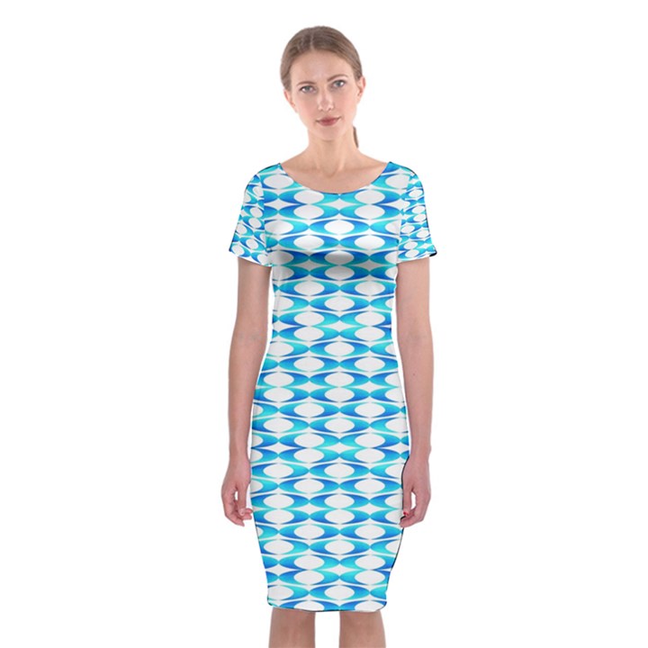 Fabric Geometric Aqua Crescents Classic Short Sleeve Midi Dress