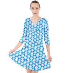 Fabric Geometric Aqua Crescents Quarter Sleeve Front Wrap Dress