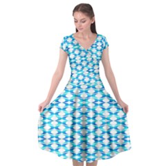 Fabric Geometric Aqua Crescents Cap Sleeve Wrap Front Dress