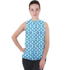 Fabric Geometric Aqua Crescents Mock Neck Chiffon Sleeveless Top