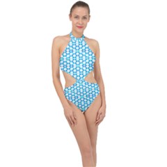 Fabric Geometric Aqua Crescents Halter Side Cut Swimsuit