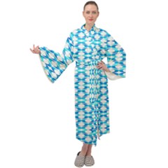 Fabric Geometric Aqua Crescents Maxi Tie Front Velour Kimono by Bajindul