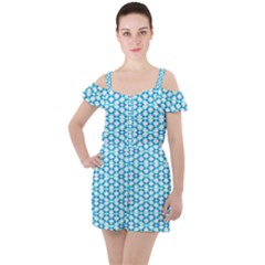 Fabric Geometric Aqua Crescents Ruffle Cut Out Chiffon Playsuit