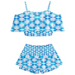 Fabric Geometric Aqua Crescents Kids  Off Shoulder Skirt Bikini