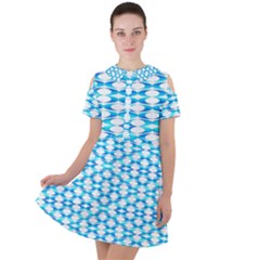 Fabric Geometric Aqua Crescents Short Sleeve Shoulder Cut Out Dress 