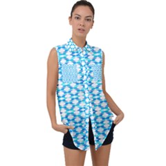 Fabric Geometric Aqua Crescents Sleeveless Chiffon Button Shirt