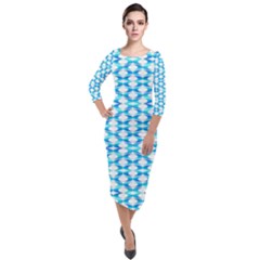 Fabric Geometric Aqua Crescents Quarter Sleeve Midi Velour Bodycon Dress