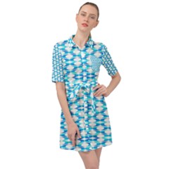 Fabric Geometric Aqua Crescents Belted Shirt Dress