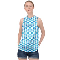 Fabric Geometric Aqua Crescents High Neck Satin Top