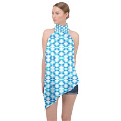 Fabric Geometric Aqua Crescents Halter Asymmetric Satin Top