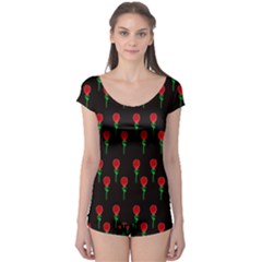 Red Water Color Rose On Black Boyleg Leotard 