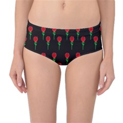 Red Water Color Rose On Black Mid-waist Bikini Bottoms by snowwhitegirl