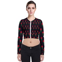 Red Water Color Rose On Black Long Sleeve Zip Up Bomber Jacket by snowwhitegirl