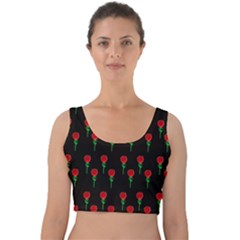 Red Water Color Rose On Black Velvet Crop Top