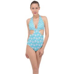 Glitched Candy Skulls Halter Front Plunge Swimsuit