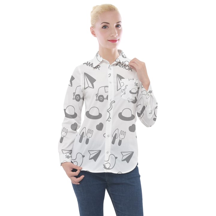 Children Drawings Baby Fish Cat Women s Long Sleeve Pocket Shirt