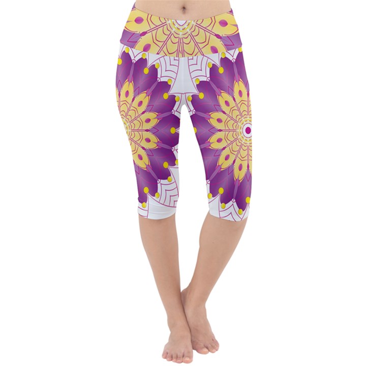 Mandala Stained Flower Drawing Lightweight Velour Cropped Yoga Leggings