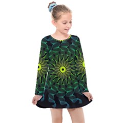 Abstract Ribbon Green Blue Hues Kids  Long Sleeve Dress by Wegoenart