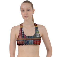 Books Library Bookshelf Bookshop Criss Cross Racerback Sports Bra by Wegoenart