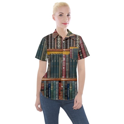 Books Library Bookshelf Bookshop Women s Short Sleeve Pocket Shirt by Wegoenart