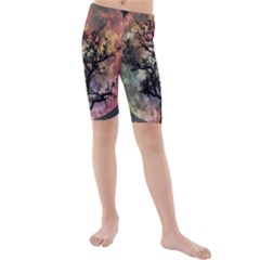 Full Moon Silhouette Tree Night Kids  Mid Length Swim Shorts