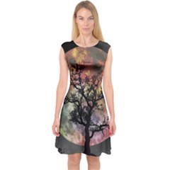 Full Moon Silhouette Tree Night Capsleeve Midi Dress