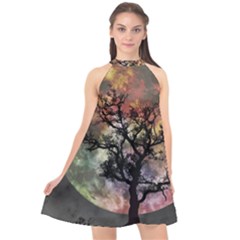 Full Moon Silhouette Tree Night Halter Neckline Chiffon Dress 