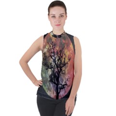 Full Moon Silhouette Tree Night Mock Neck Chiffon Sleeveless Top by Wegoenart