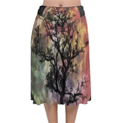 Full Moon Silhouette Tree Night Velvet Flared Midi Skirt