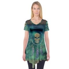 Dreamcatcher With Skull Short Sleeve Tunic  by FantasyWorld7