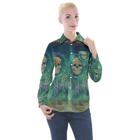Dreamcatcher With Skull Women s Long Sleeve Pocket Shirt by FantasyWorld7