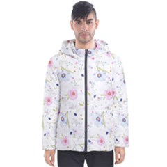 Pink Blue Flowers Pattern                        Men s Hooded Puffer Jacket by LalyLauraFLM