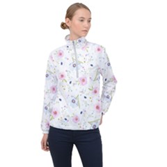 Pink Blue Flowers Pattern                        Women Half Zip Windbreaker by LalyLauraFLM