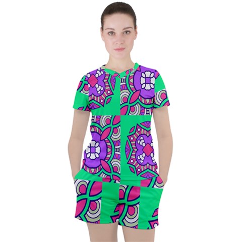 Purple Shapes On A Green Background                         Women s Mesh Tee And Shorts Set by LalyLauraFLM