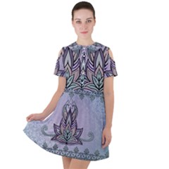 Abstract Decorative Floral Design, Mandala Short Sleeve Shoulder Cut Out Dress 