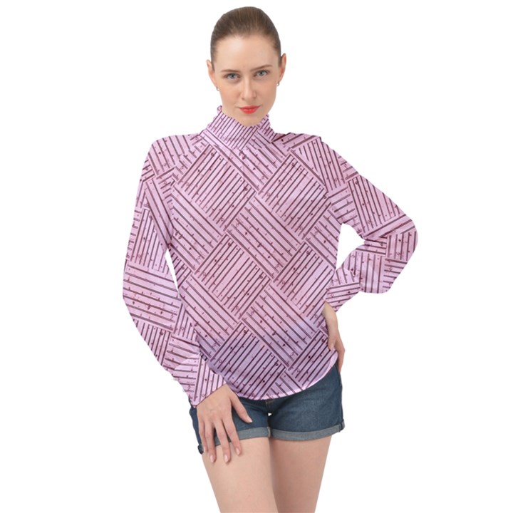 Wood Texture Diagonal Weave Pastel High Neck Long Sleeve Chiffon Top