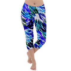 Abstract Background Blue White Lightweight Velour Capri Yoga Leggings