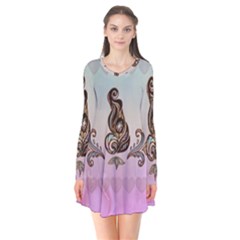 Abstract Decorative Floral Design, Mandala Long Sleeve V-neck Flare Dress by FantasyWorld7