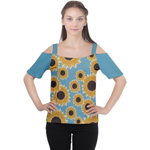 Golden Sunflower On Cornflower Blue Honeycomb Pattern Cutout Shoulder Tee by NaturalDesign