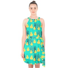 Little Yellow Duckies Halter Collar Waist Tie Chiffon Dress by VeataAtticus