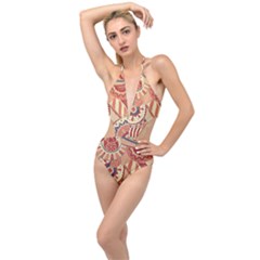 Pop Art Paisley Flowers Ornaments Multicolored 4 Plunging Cut Out Swimsuit by EDDArt