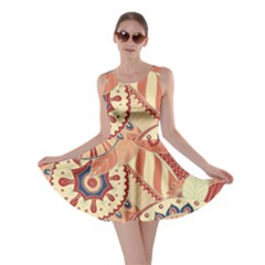 Pop Art Paisley Flowers Ornaments Multicolored 4 Background Solid Dark Red Skater Dress by EDDArt