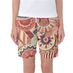 Pop Art Paisley Flowers Ornaments Multicolored 4 Background Solid Dark Red Women s Basketball Shorts by EDDArt