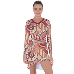 Pop Art Paisley Flowers Ornaments Multicolored 4 Background Solid Dark Red Asymmetric Cut-out Shift Dress by EDDArt