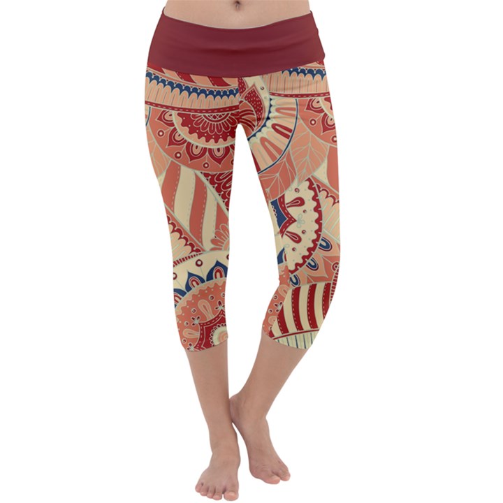 Pop Art Paisley Flowers Ornaments Multicolored 4 Background Solid Dark Red Capri Yoga Leggings