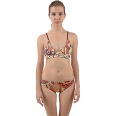 Pop Art Paisley Flowers Ornaments Multicolored 4 Background Solid Dark Red Wrap Around Bikini Set by EDDArt