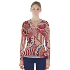 Pop Art Paisley Flowers Ornaments Multicolored 4 Background Solid Dark Red V-neck Long Sleeve Top by EDDArt