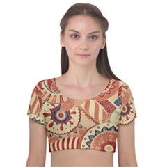 Pop Art Paisley Flowers Ornaments Multicolored 4 Background Solid Dark Red Velvet Short Sleeve Crop Top  by EDDArt