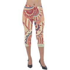 Pop Art Paisley Flowers Ornaments Multicolored 4 Background Solid Dark Red Lightweight Velour Capri Leggings  by EDDArt